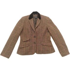 Chaps Riding Jacket Blazer 10 Wool Blend Houndstooth Brown Plaid Corduroy Collar